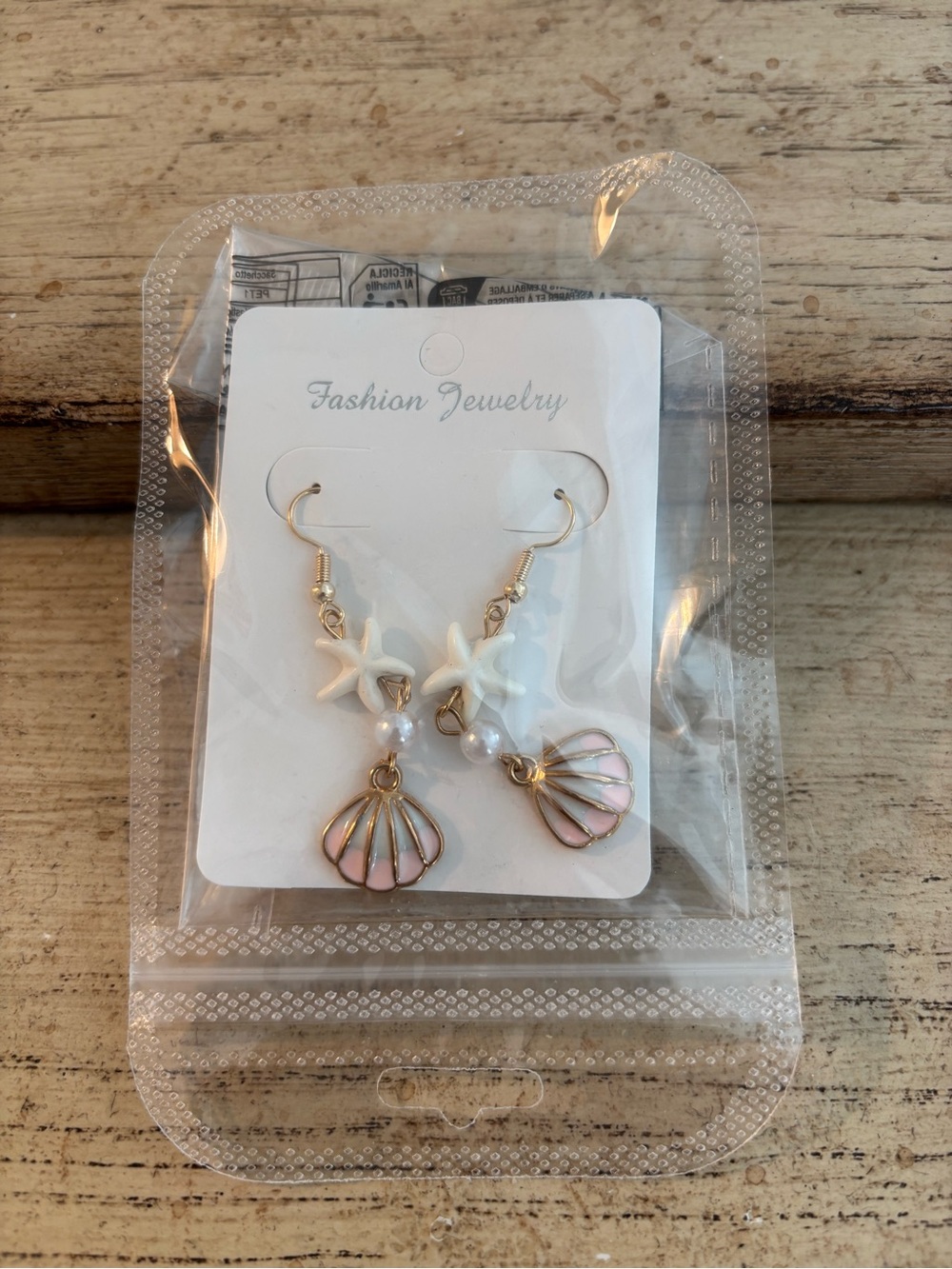 Fashion Jewelry Gold & Pink Shell Fan with White Starfish Drop Earrings